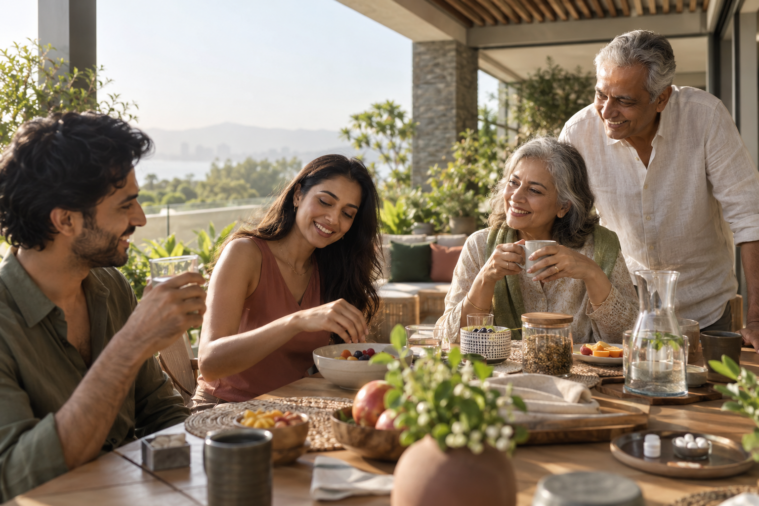 Indian family sharing a relaxed healthy breakfast